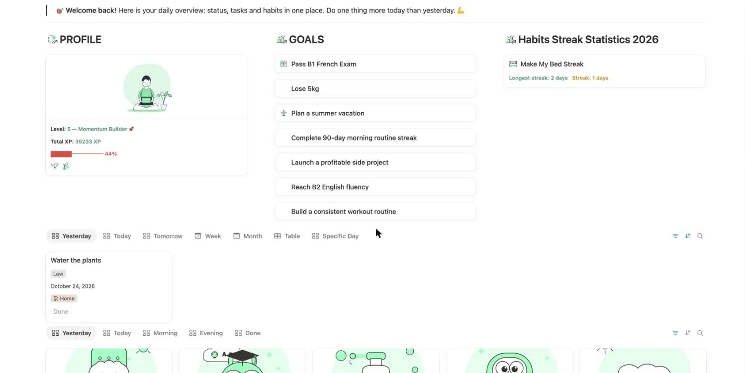 Profile with level and XP, goals list and habit streak card